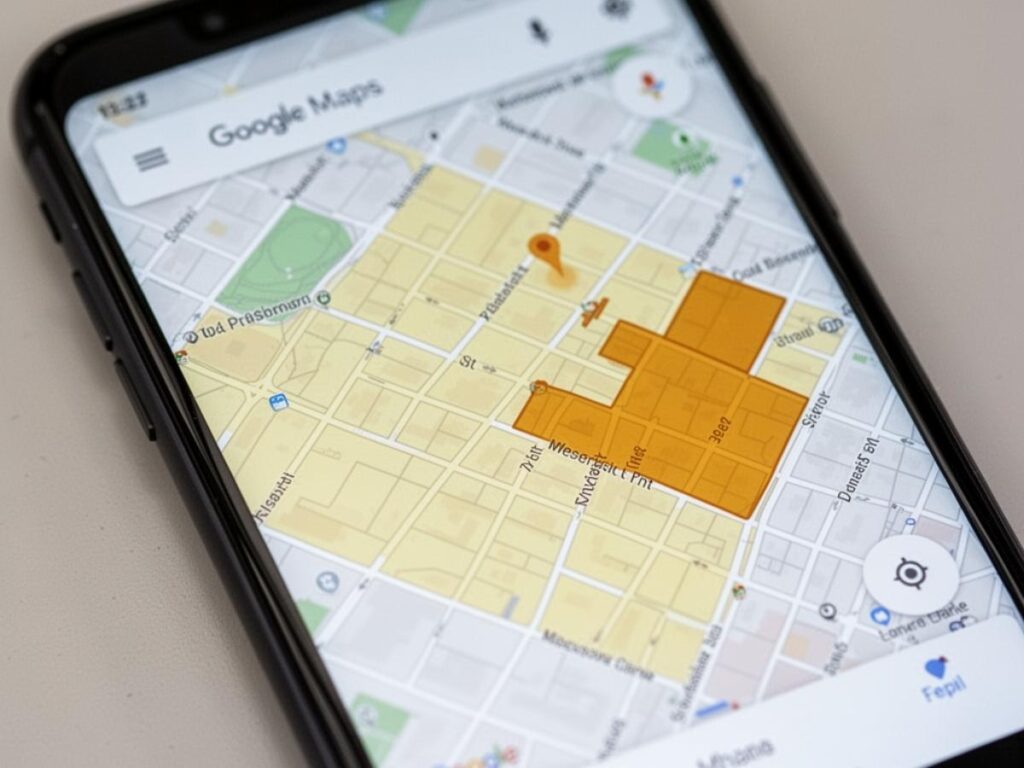Close up of Google Maps on a smartphone screen showing light yellow and amber colored areas of interest in a city