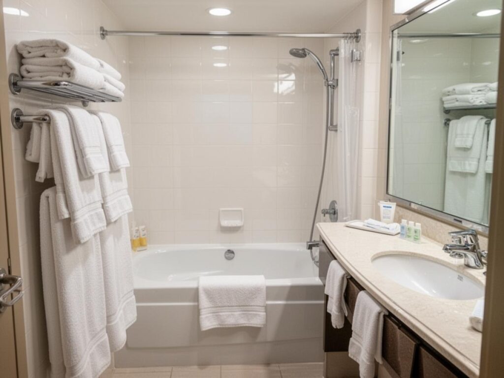 Clean hotel bathroom with white towels bathtub and vanity area during check-in inspection