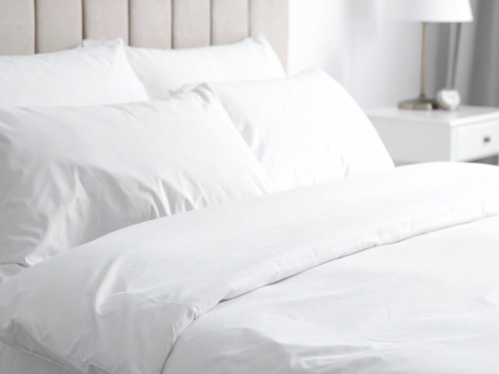 Hotel bed with white duvet decorative throw and accent pillows at the foot of the bed