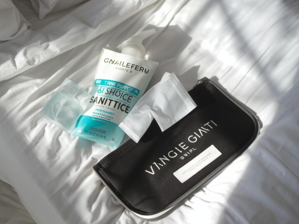 Travel pack of disinfecting wipes hand sanitiser and personal pillowcase laid out on a hotel bed