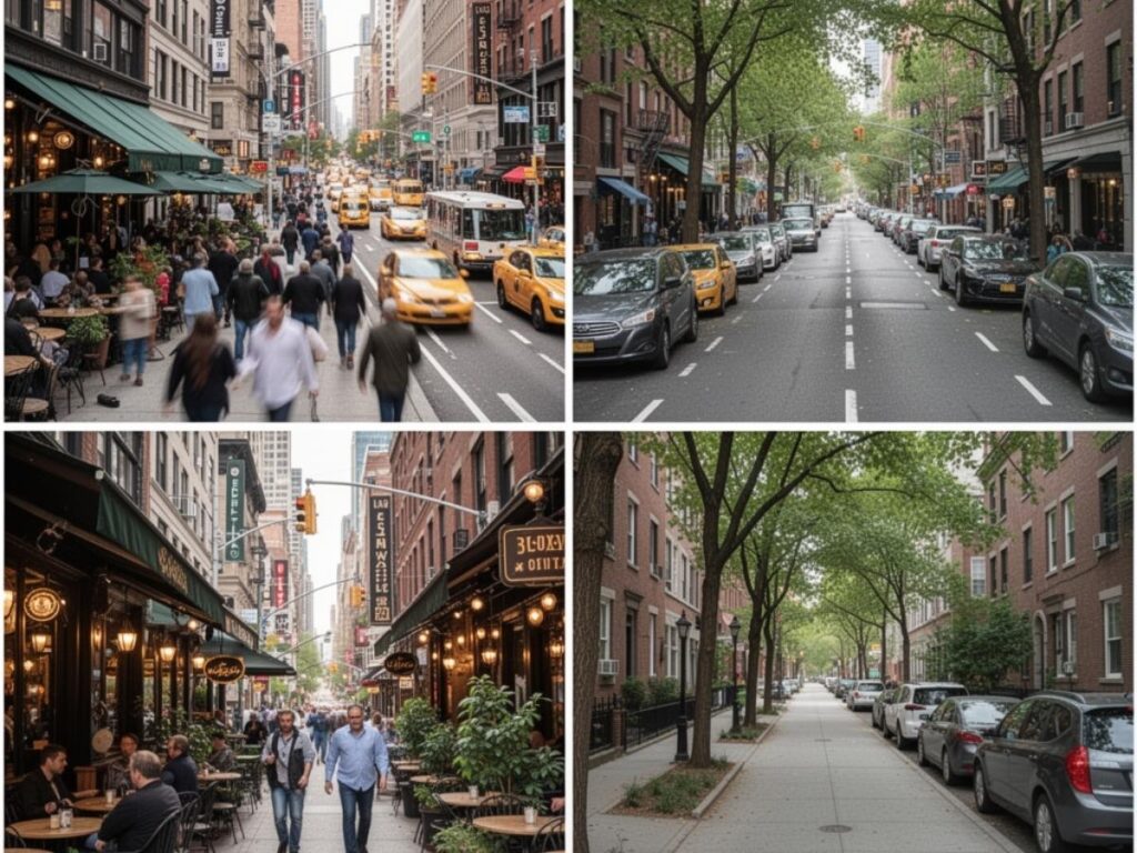 Contrast of a busy city center street with outdoor cafes and a quieter residential side street one block away
