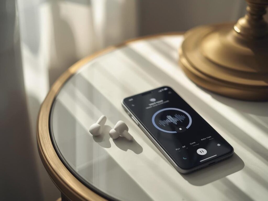 Foam earplugs and a smartphone with a white noise app on a hotel nightstand