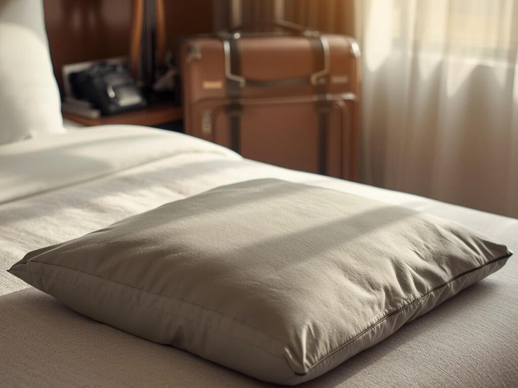 Compact travel pillow and sleep sack liner laid out on a hotel bed next to a suitcase