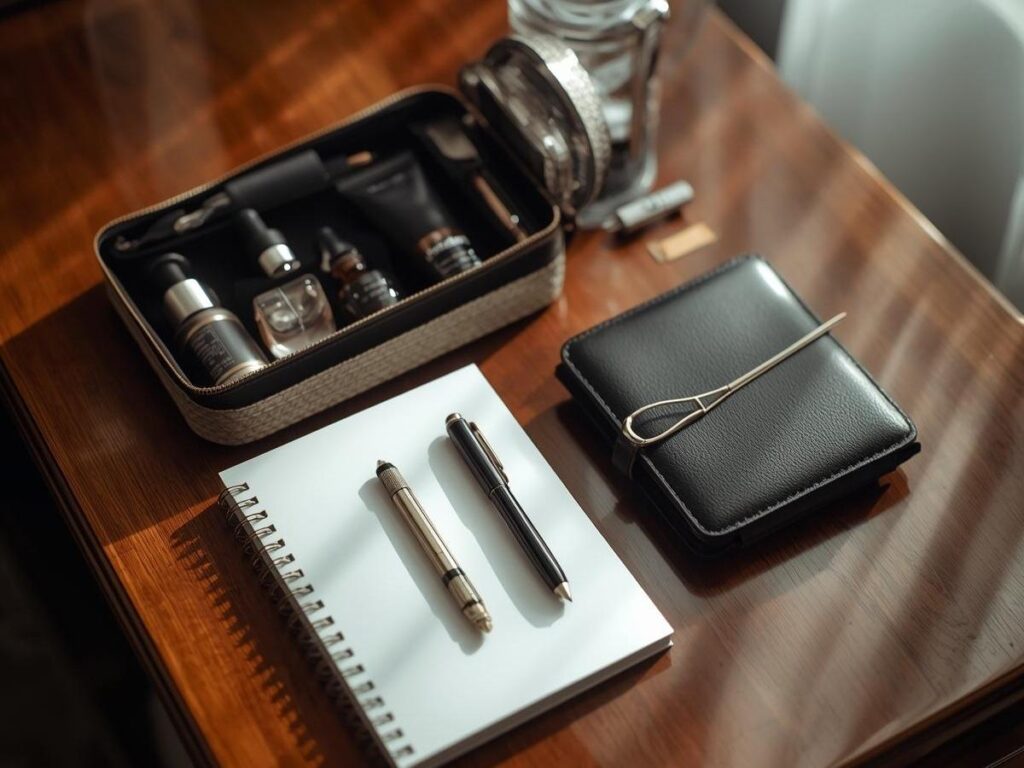 Hotel room complimentary items laid out including toiletry kit pen notepad and sewing kit