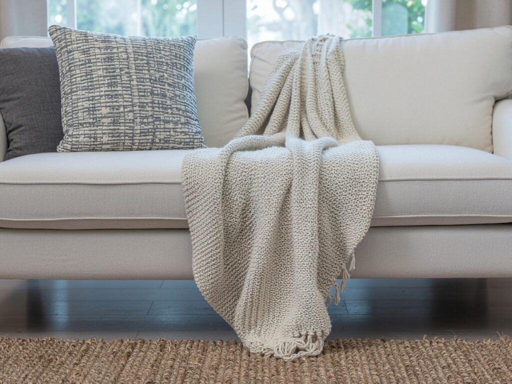 Hotel room armchair and couch with decorative throw pillows near the window