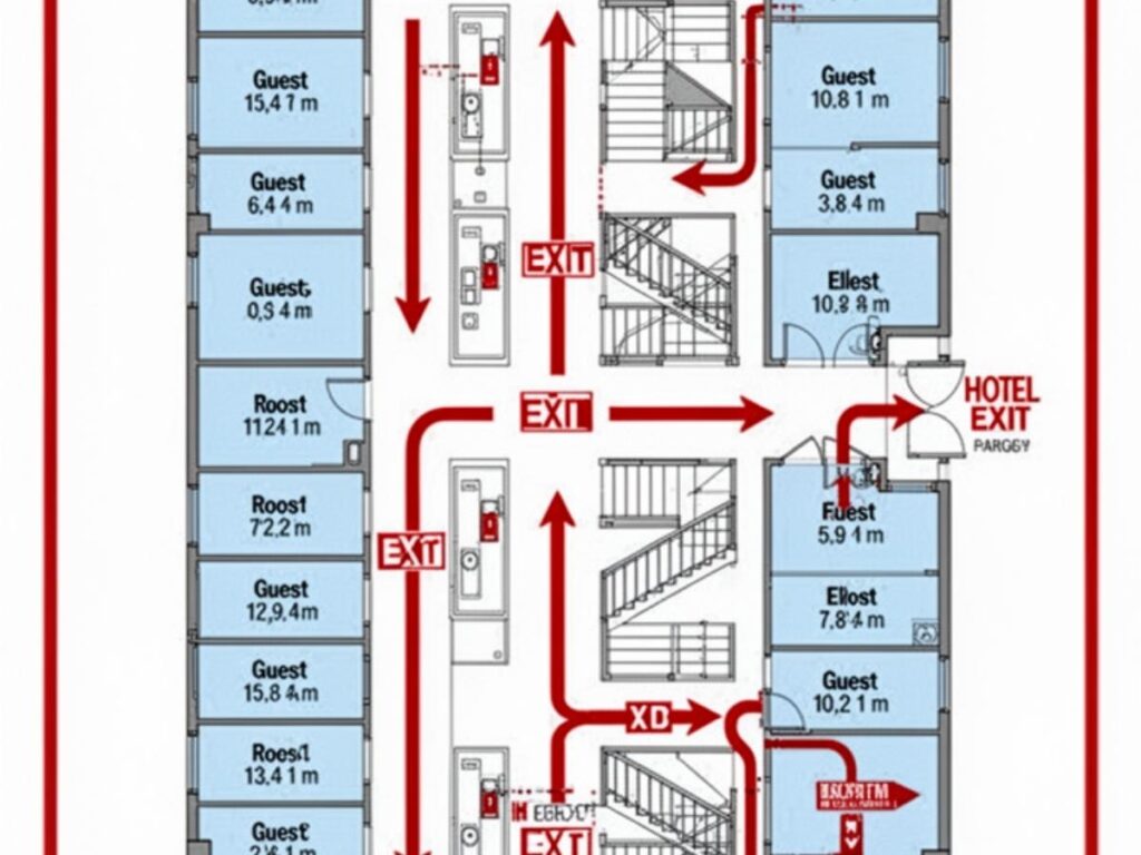 Emergency evacuation diagram posted on the back of a hotel room door with exit routes marked