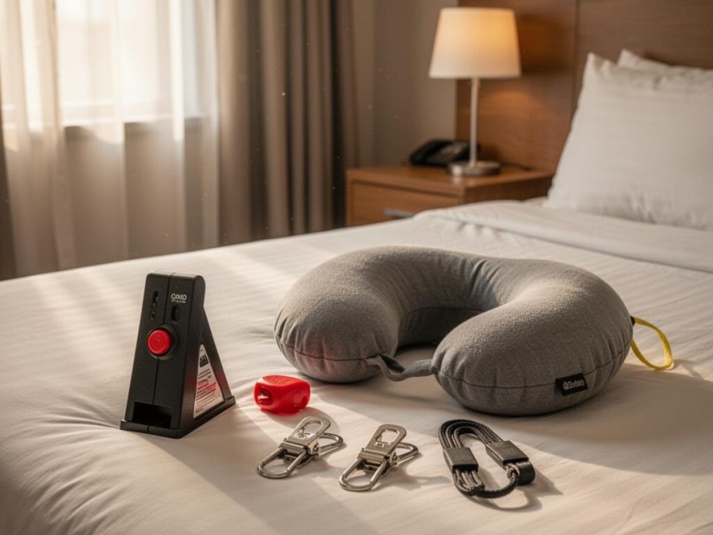 Travel safety items laid out on hotel bed including door wedge alarm clips and travel pillowcase