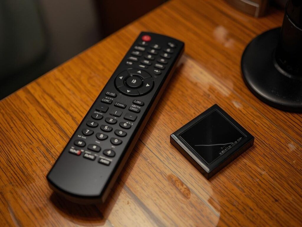 TV remote control and light switch on a hotel room nightstand touched by multiple guests