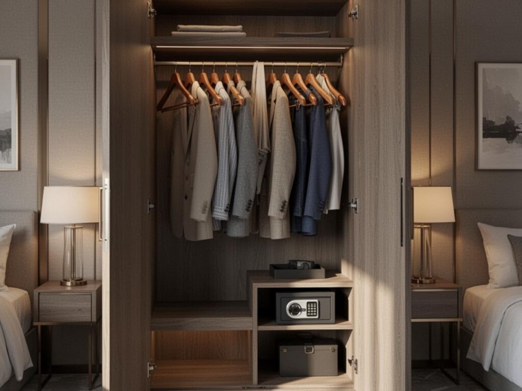 Open hotel room wardrobe with wooden hangers and in-room safe visible inside