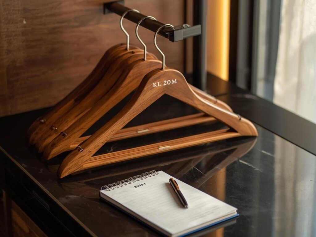 Wooden hotel wardrobe hangers and a branded pen and notepad on a hotel room desk