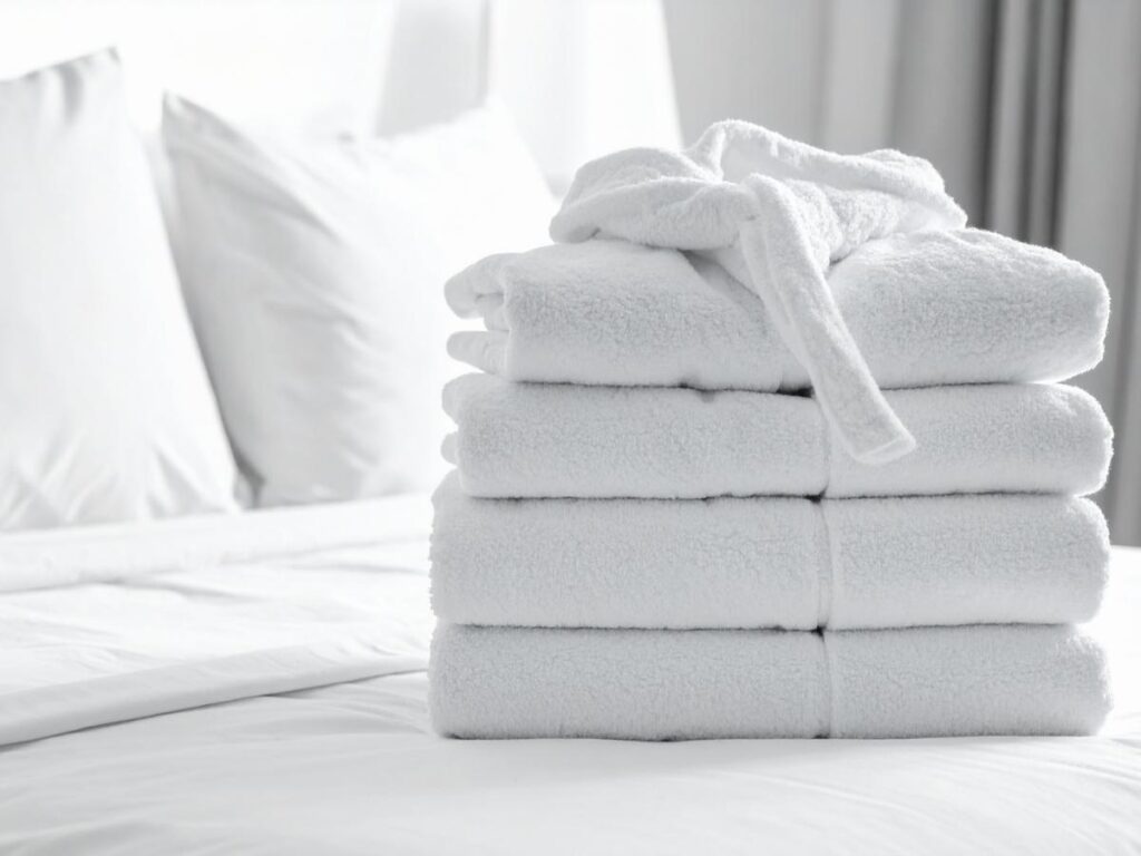  Neatly stacked white hotel towels and a folded bathrobe on a bathroom shelf