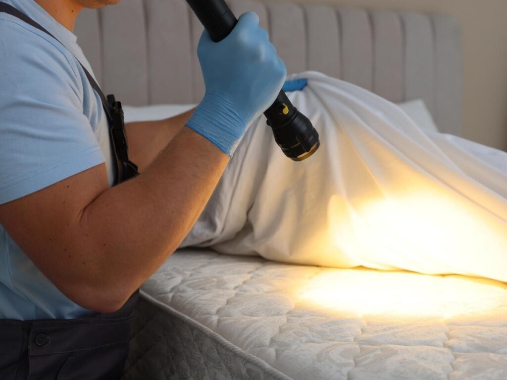 Person using a phone flashlight to inspect hotel mattress seams and corners for bed bugs