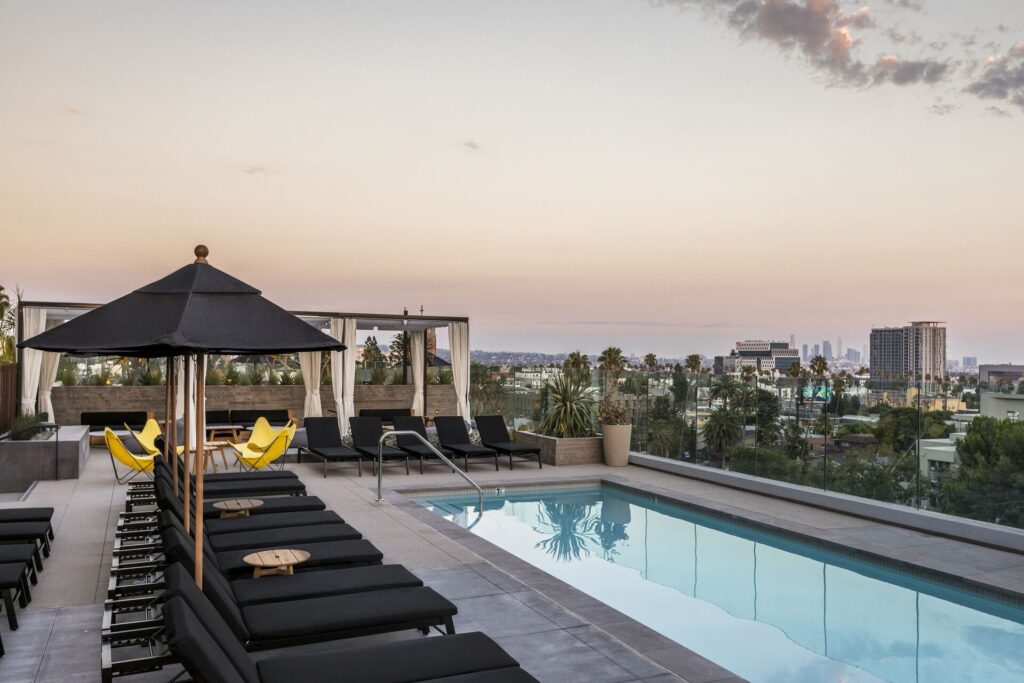 Kimpton Everly Hotel rooftop view of Hollywood Hills