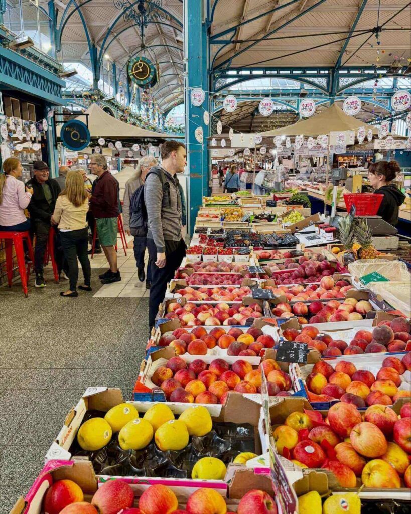 Les Halles market in Dijon with local food stalls and fresh produce