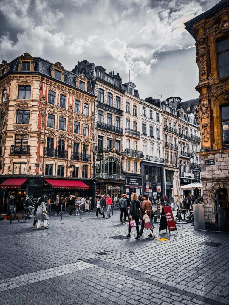 Quiet morning street in Vieux Lille Old Town with cafés