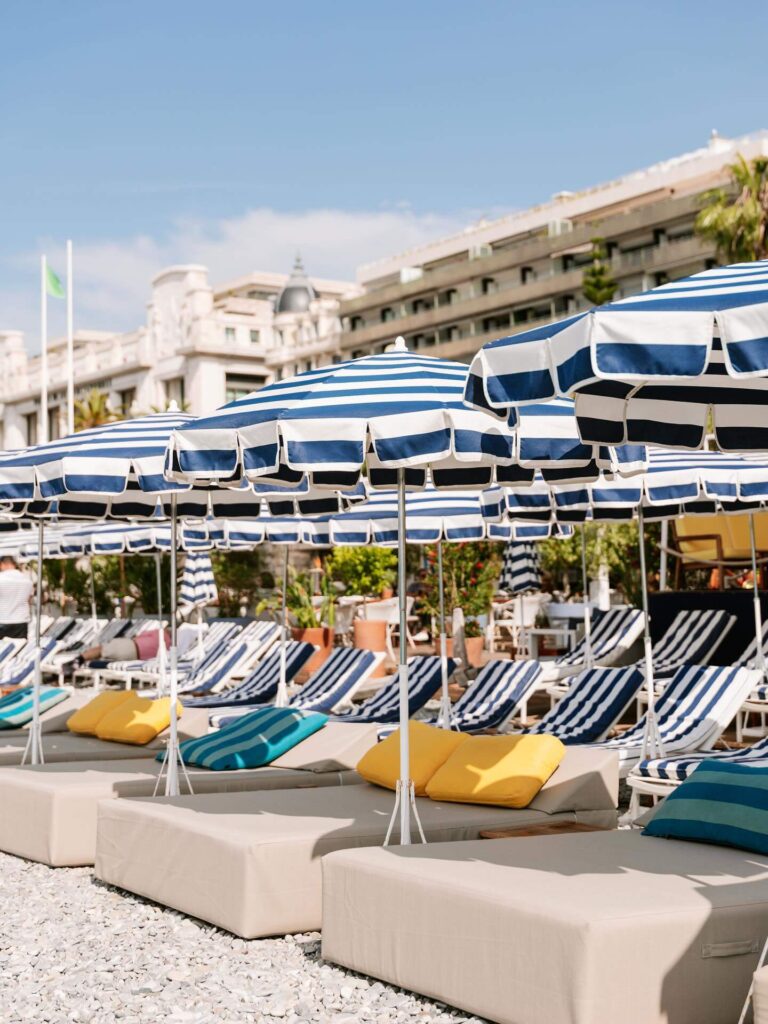 Beach loungers at a private beach club in Nice France