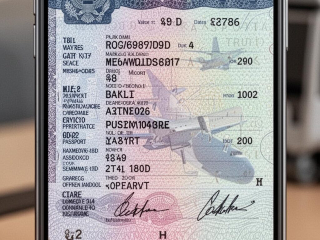 Open passport data page photographed on a smartphone screen for travel backup