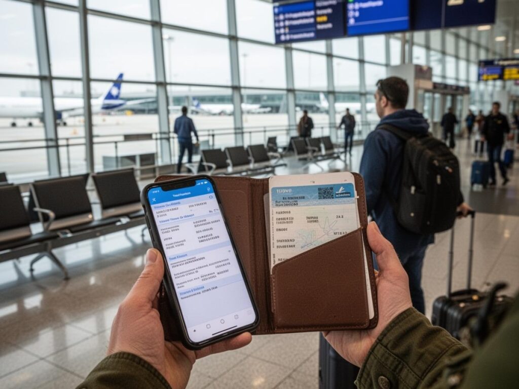 Traveler holding a smartphone with travel documents folder open at an airport departure gate