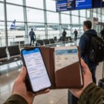Traveler holding a smartphone with travel documents folder open at an airport departure gate