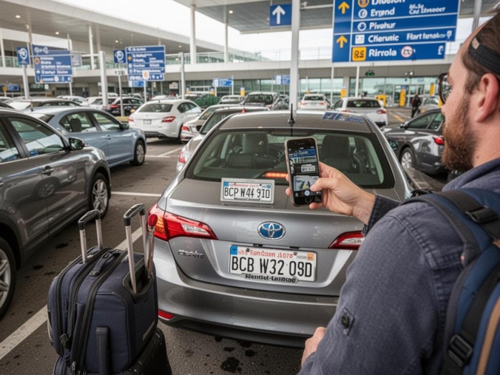Traveler photographing a rental car license plate in an airport car rental lot