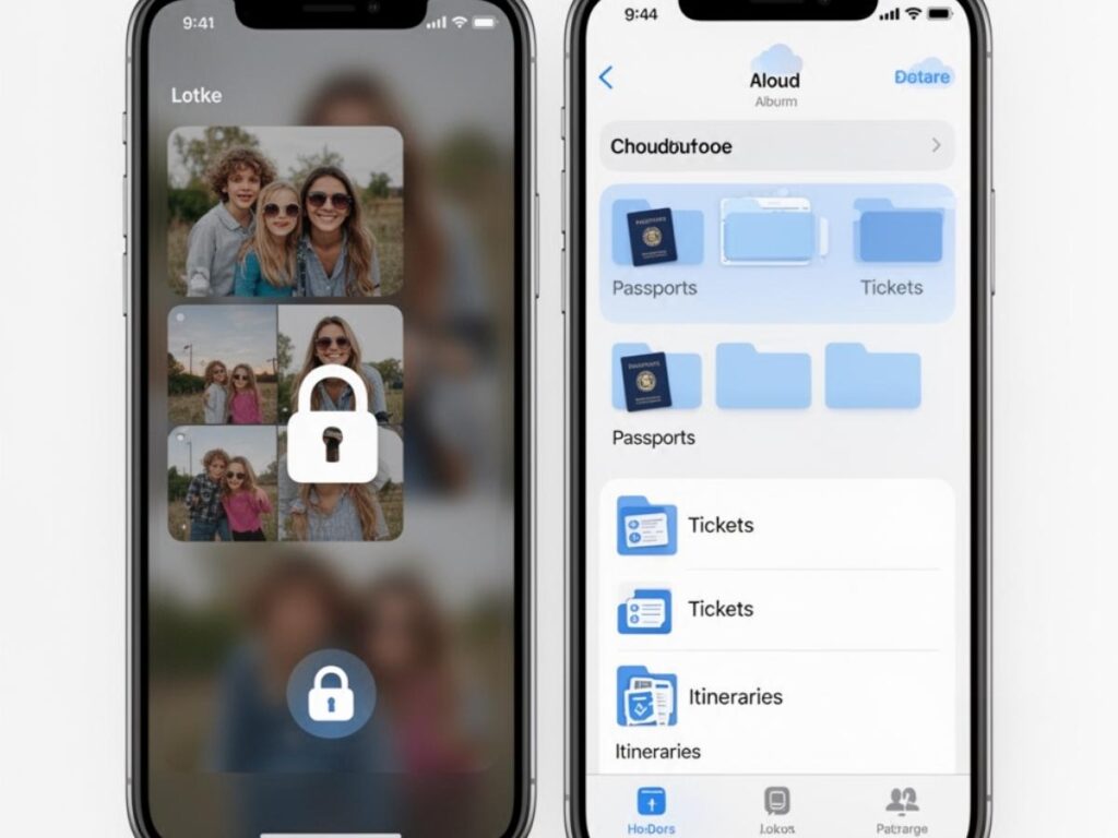 Smartphone with a locked photo album and cloud storage app open showing organised travel document folders