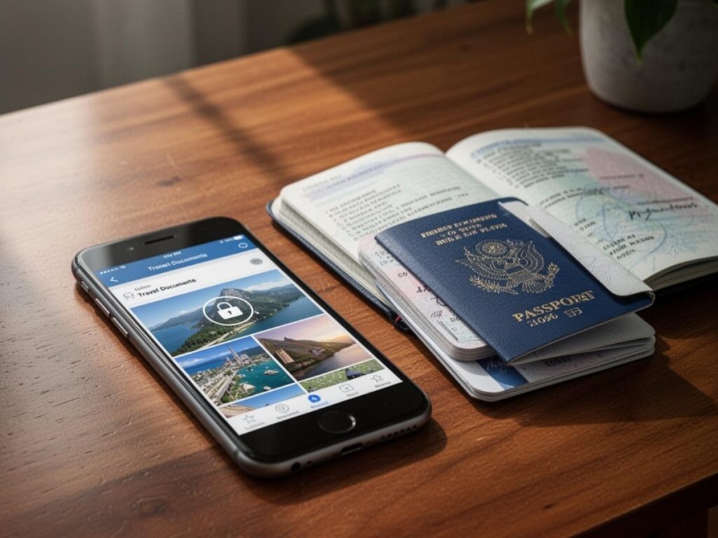Smartphone showing a locked travel documents photo album alongside a passport on a wooden table