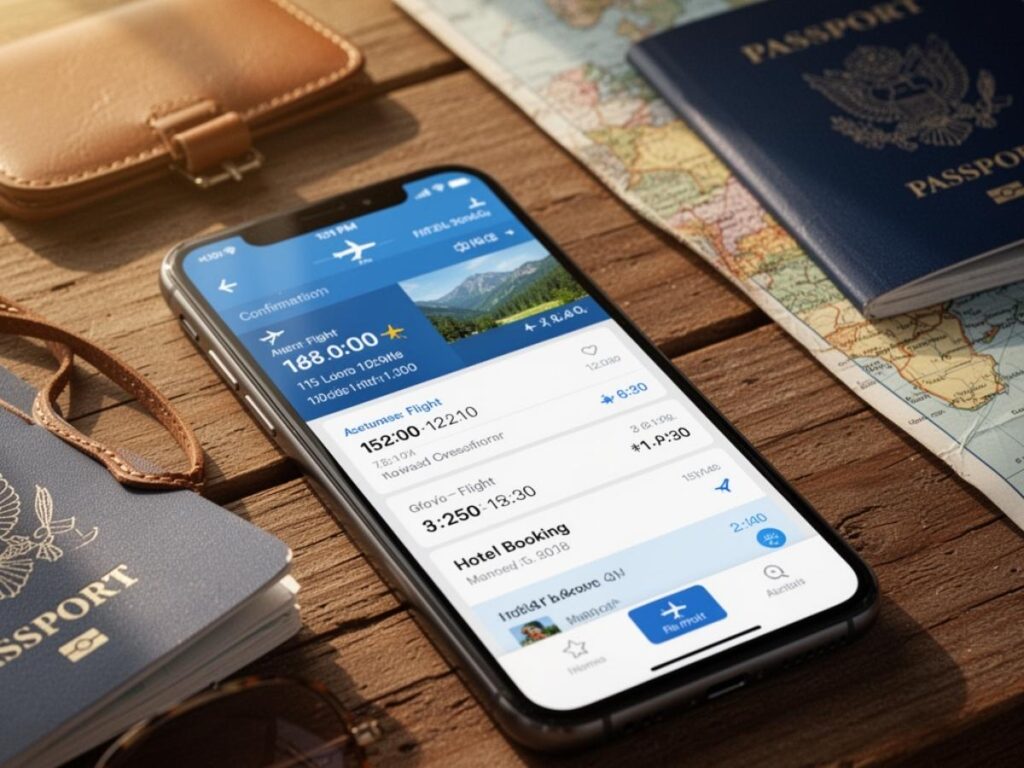 Smartphone showing a travel itinerary screenshot with flight confirmation and hotel booking details