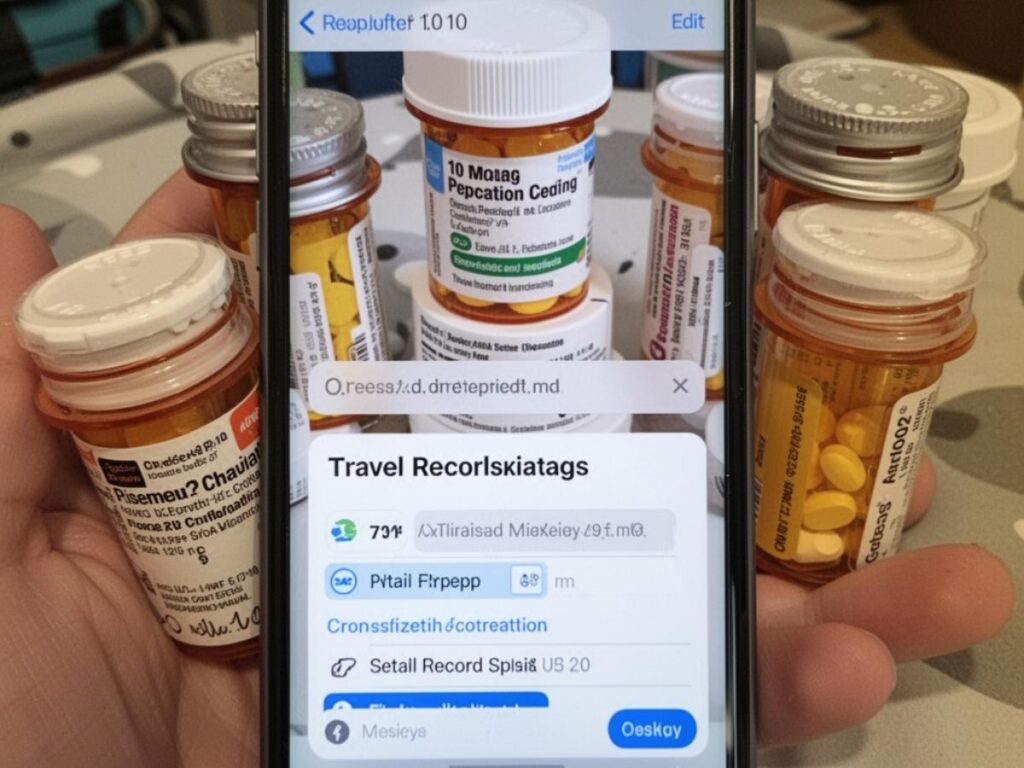 Prescription medication bottles with labels photographed on a smartphone for travel record keeping