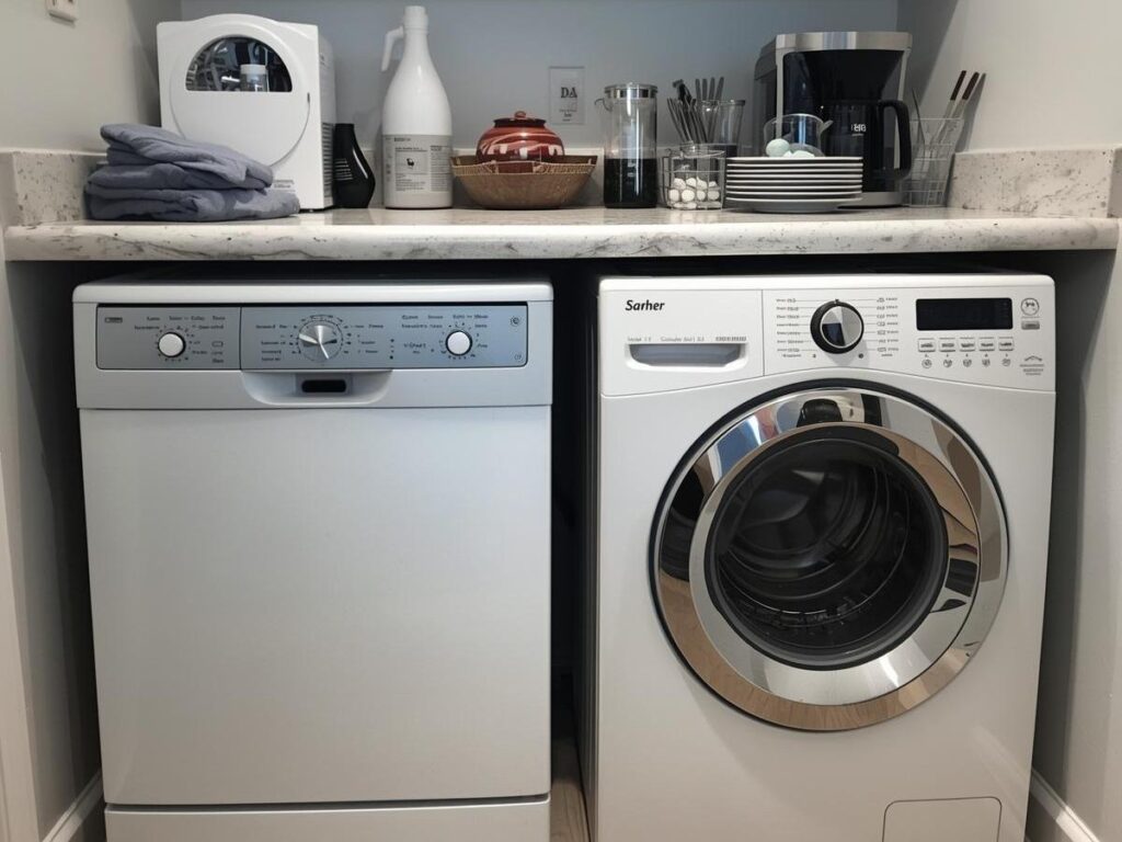 Vacation rental kitchen with dishwasher and washing machine appliances used between guests