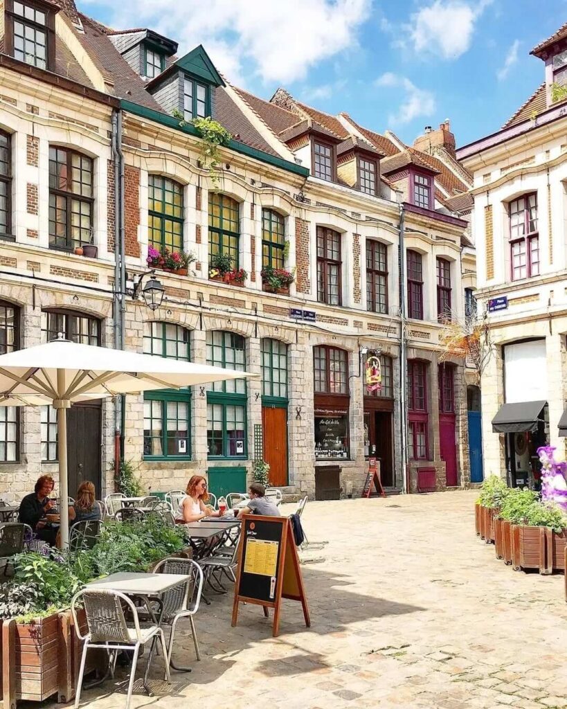 Charming street in Vieux Lille with cafés and local shops