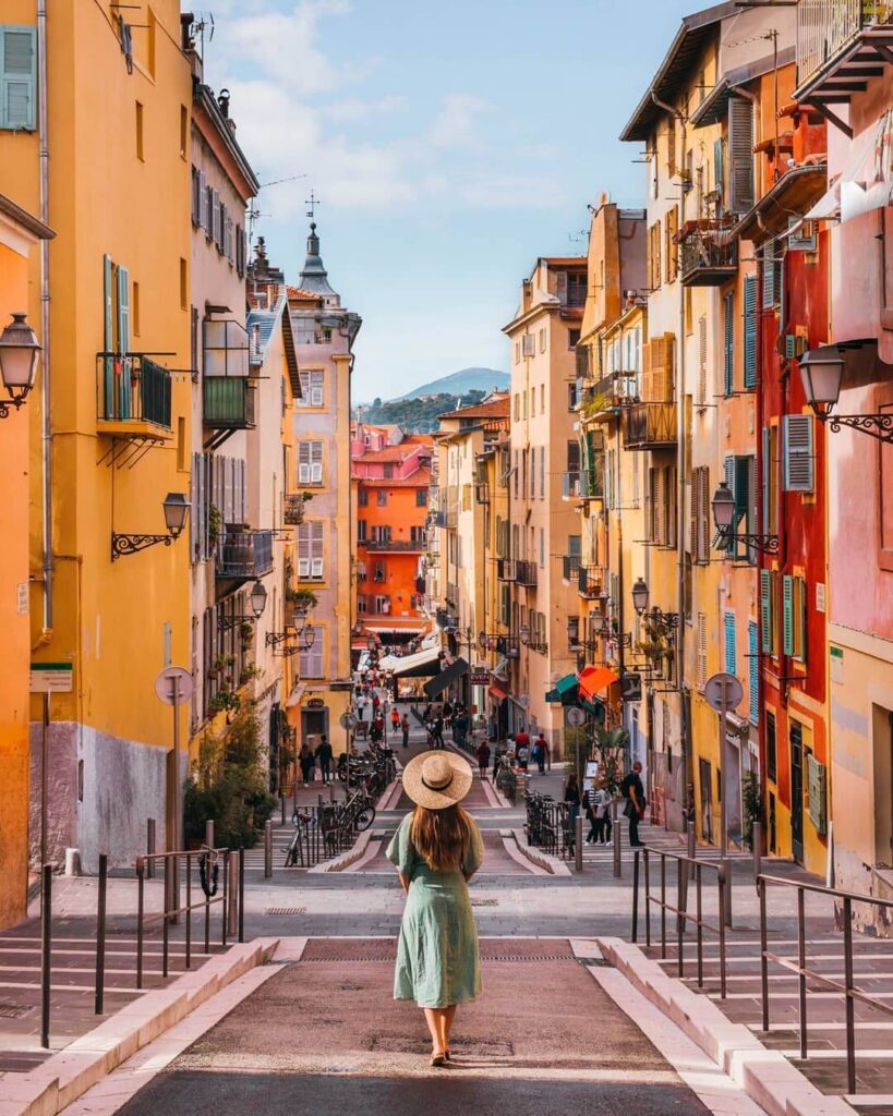 Colorful narrow streets and buildings in Old Town Nice France