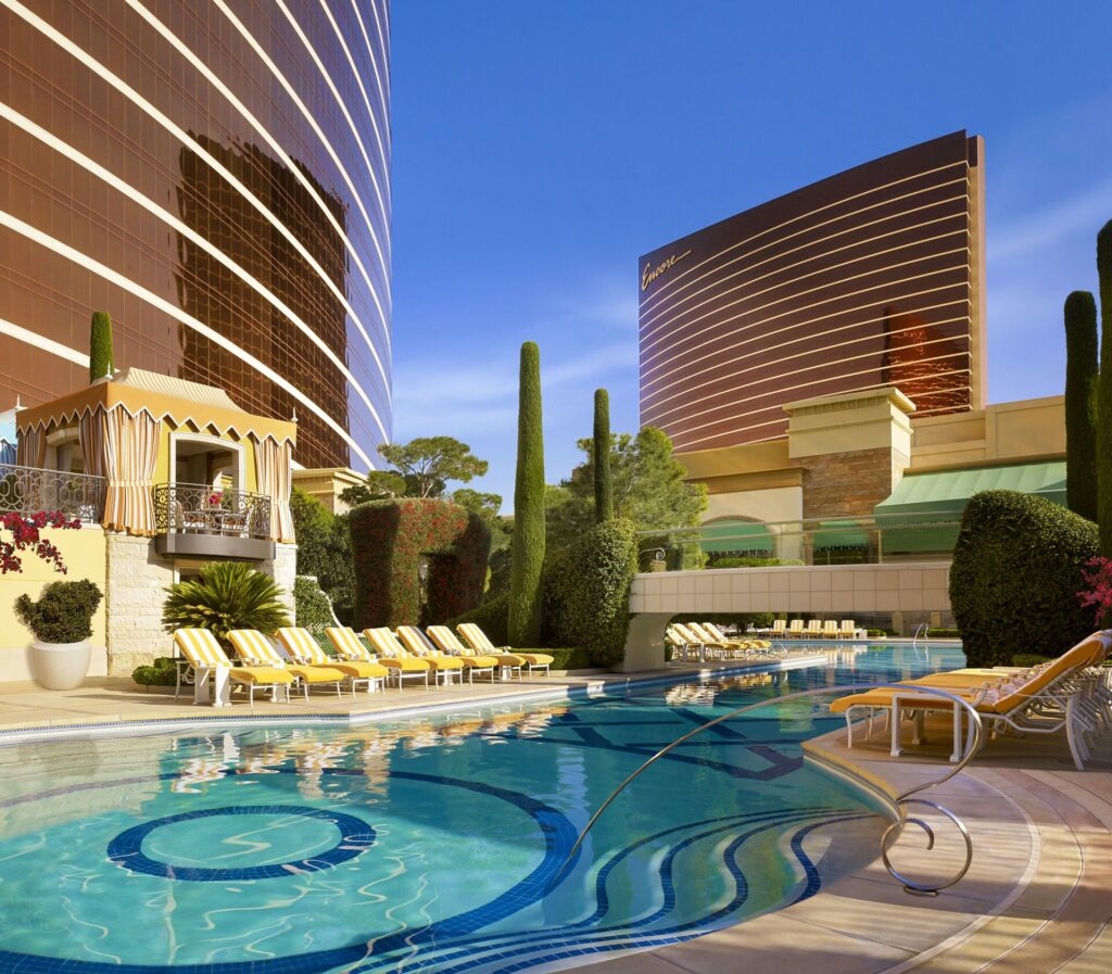 Wynn Las Vegas pool area with private cabanas and lush gardens