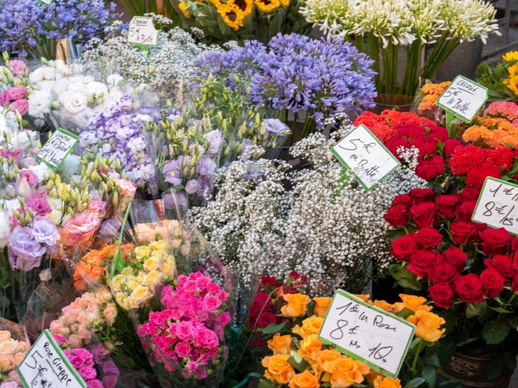 Local market in Aix-en-Provence with fresh produce and flower stalls