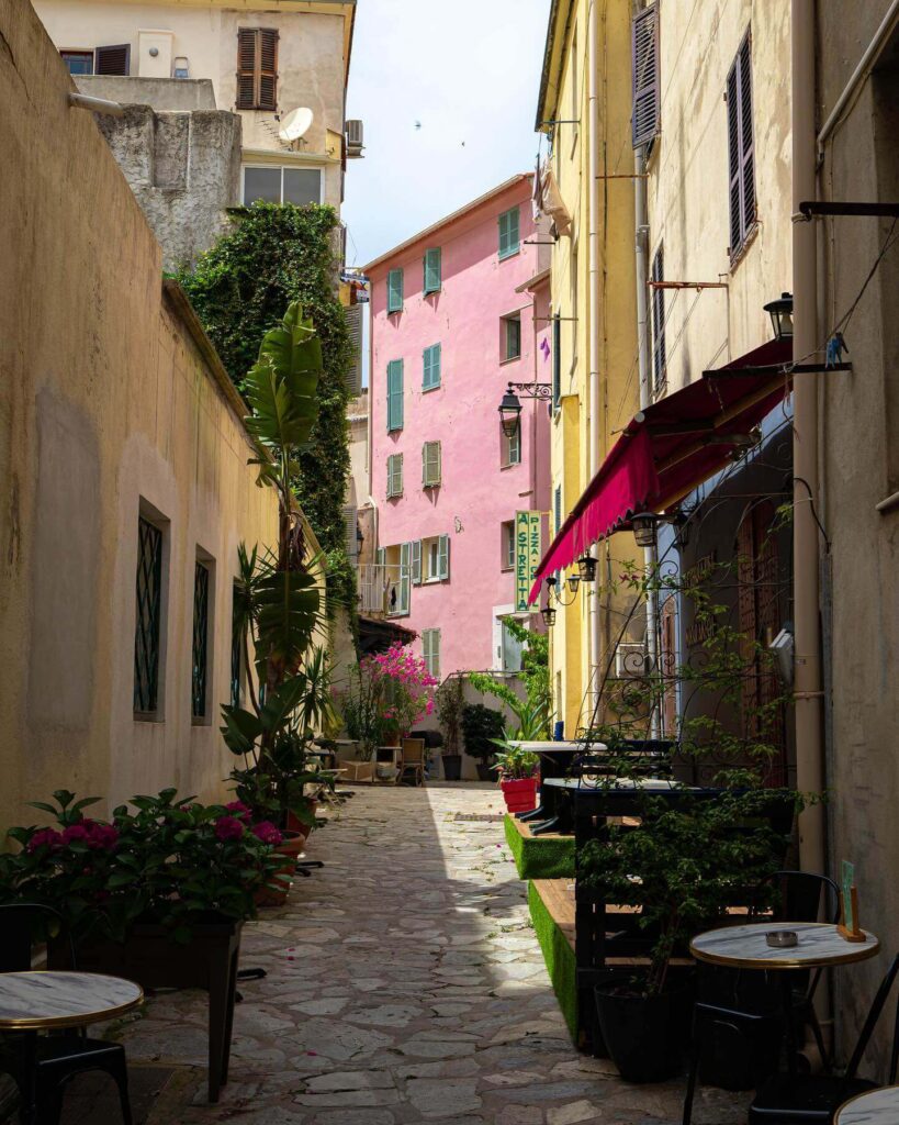 Pastel streets and narrow alleys in Ajaccio old town Corsica