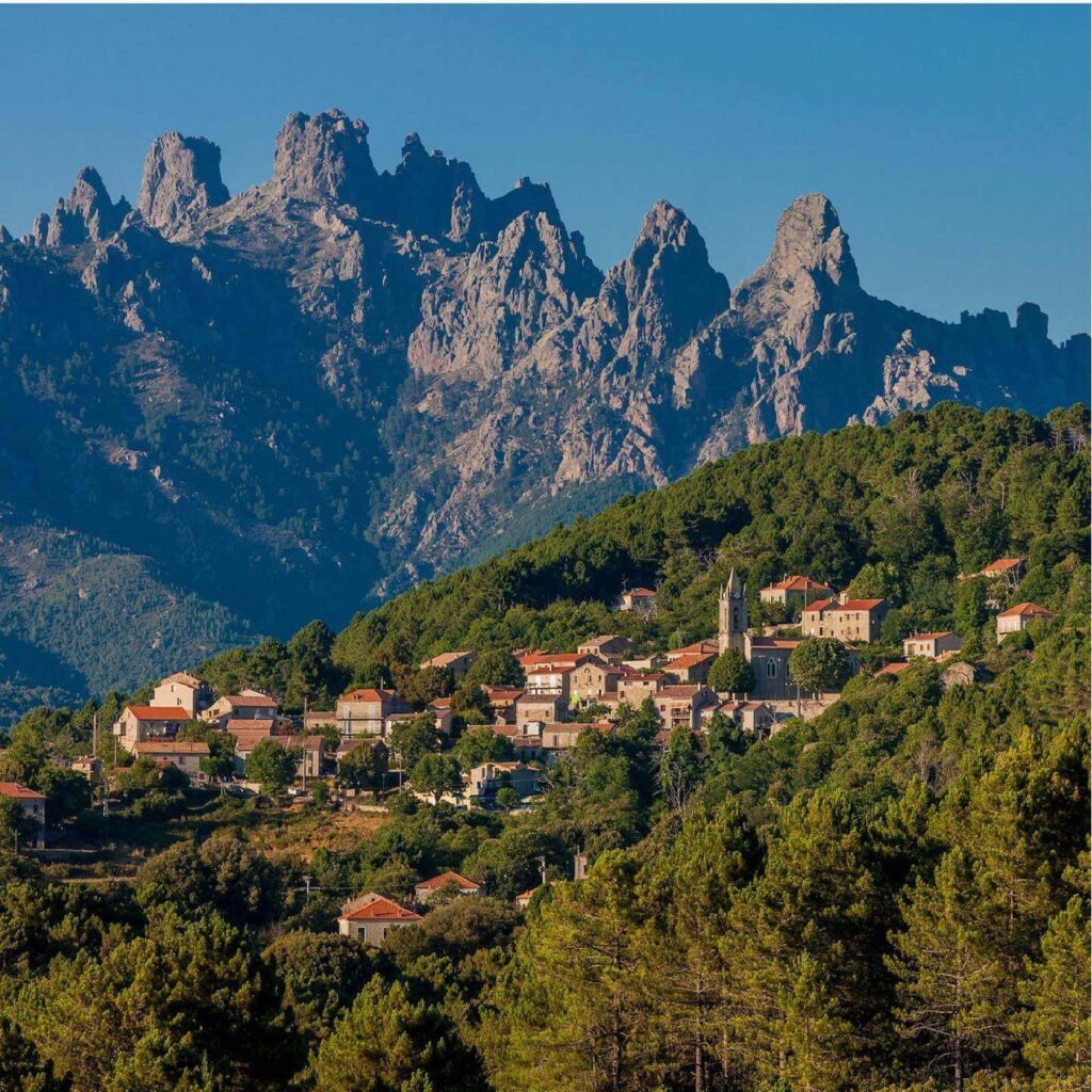 Alta Rocca mountains with forests and scenic roads in Corsica
