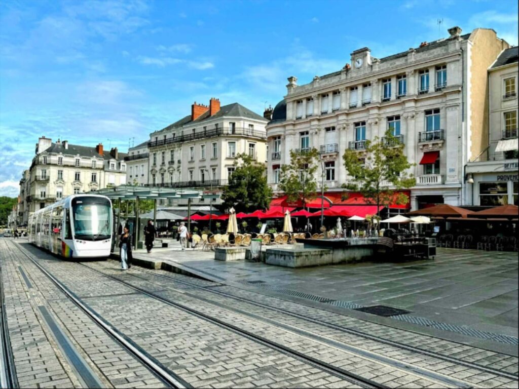 Aerial view of Angers showing city layout and Maine River