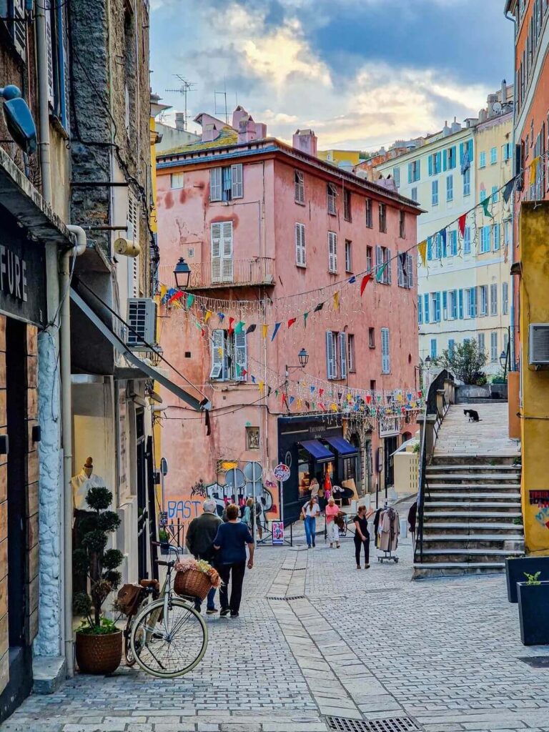 Walking route from Bastia Old Port up toward the historic citadel streets
