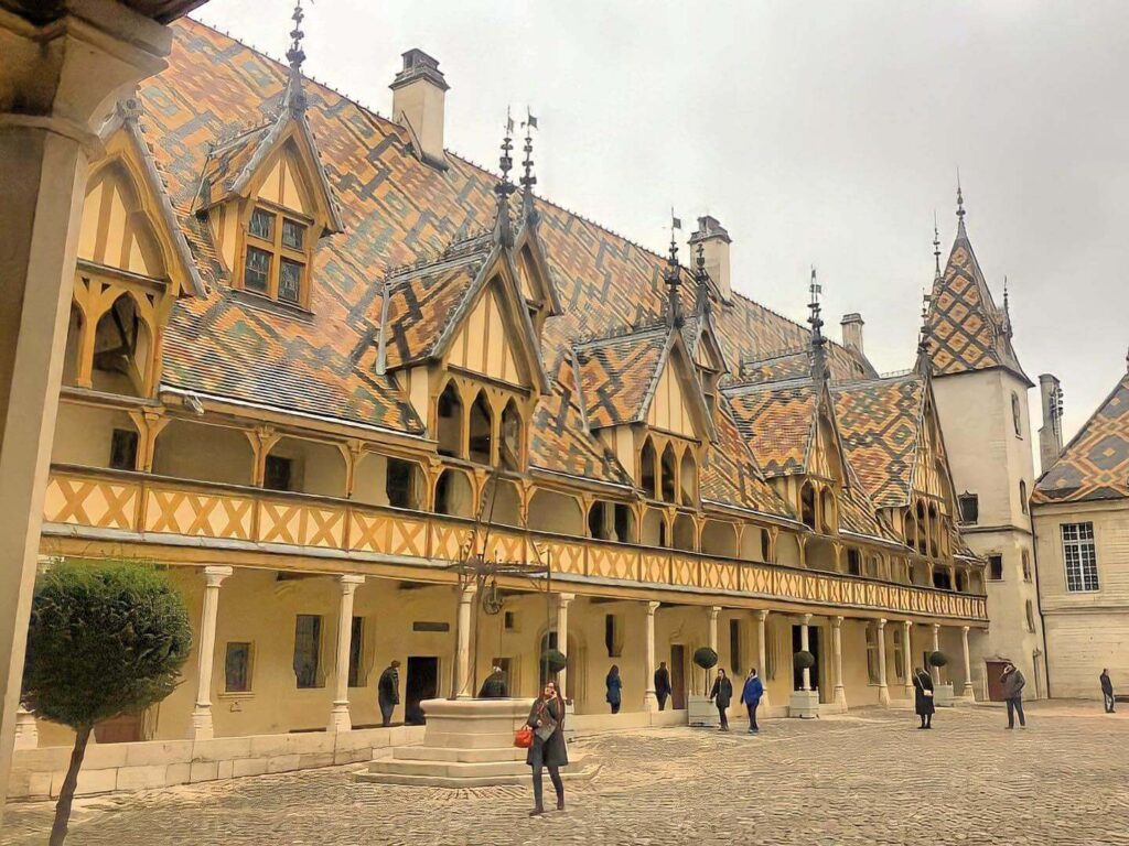 Cobblestone streets and traditional buildings in Beaune old town
