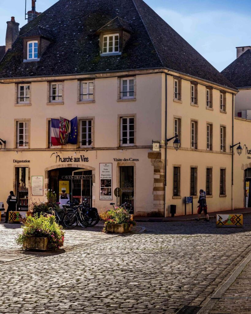 Relaxed walking through Beaune streets with shops and cafes