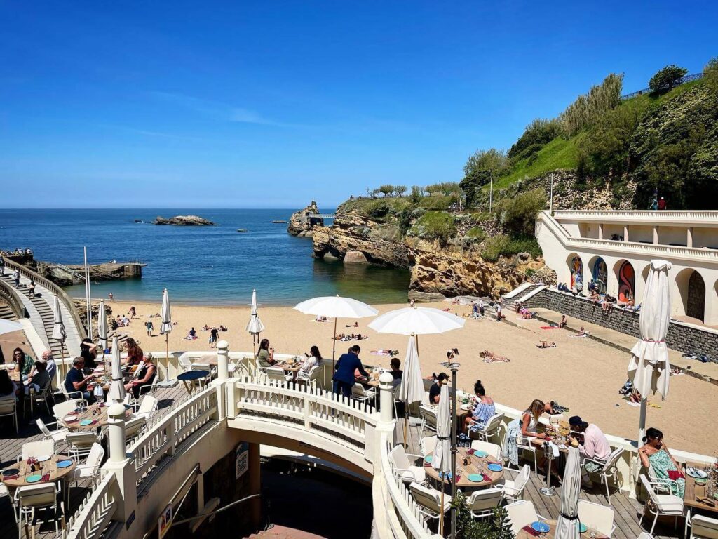 Biarritz town with buildings overlooking the ocean and coastline