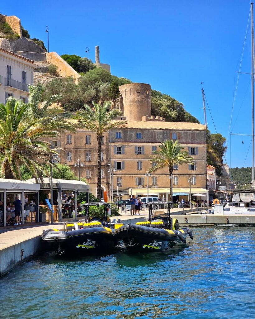 Bonifacio cliffs and coastline seen from a boat during the day