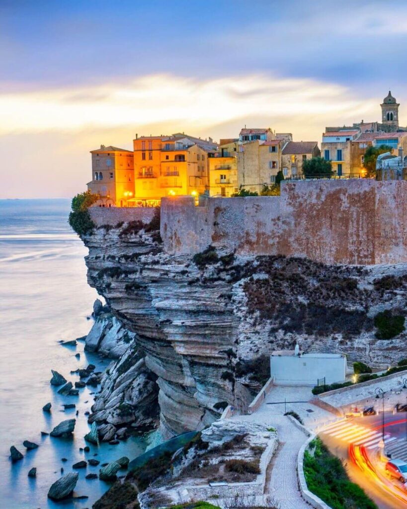 Bonifacio town built on limestone cliffs overlooking the sea