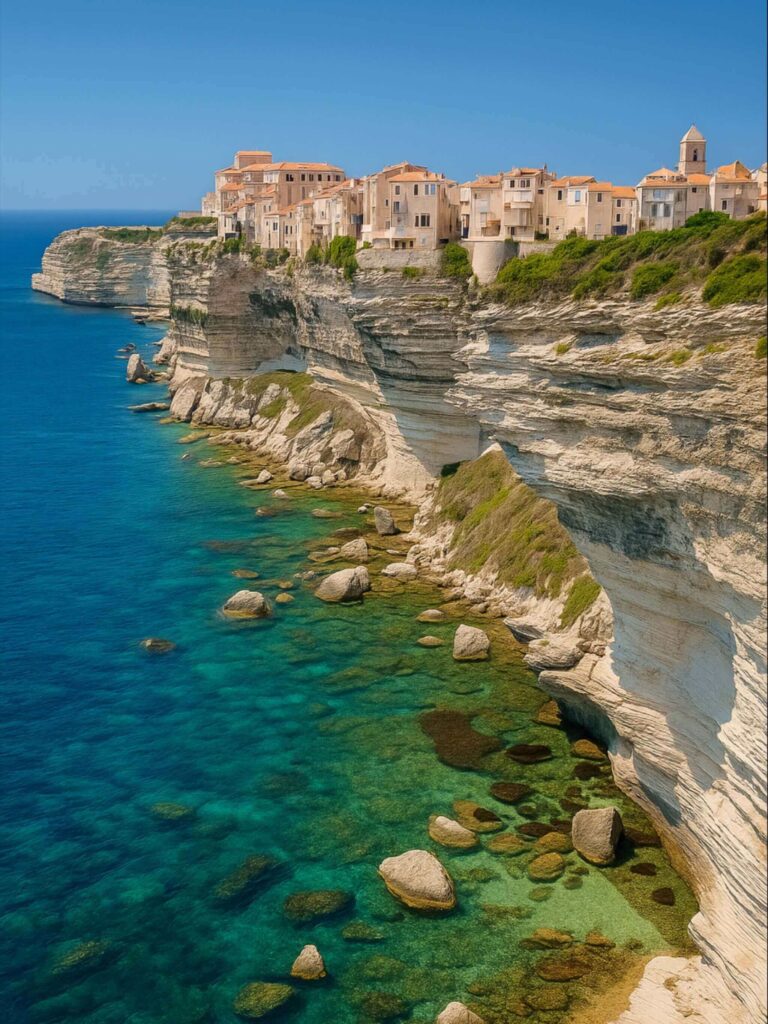 Panoramic view of Bonifacio perched on limestone cliffs above the sea