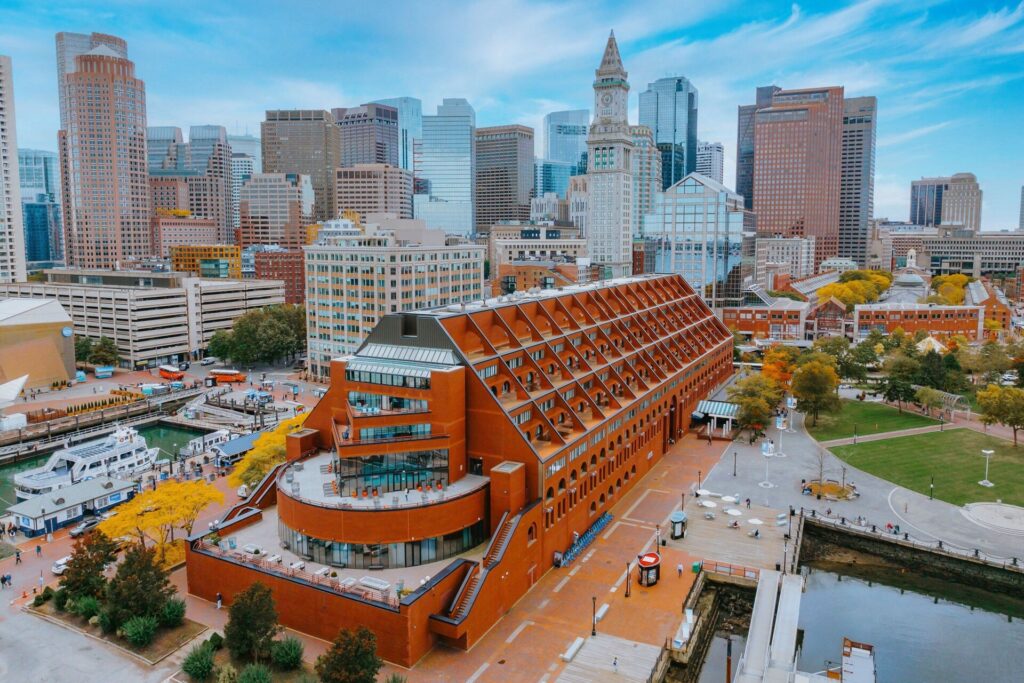 Waterfront exterior of Boston Marriott Long Wharf overlooking Boston Harbor