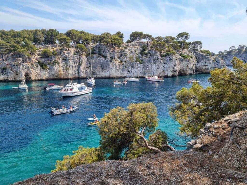 View of calanques cliffs from the water during a boat tour near Cassis