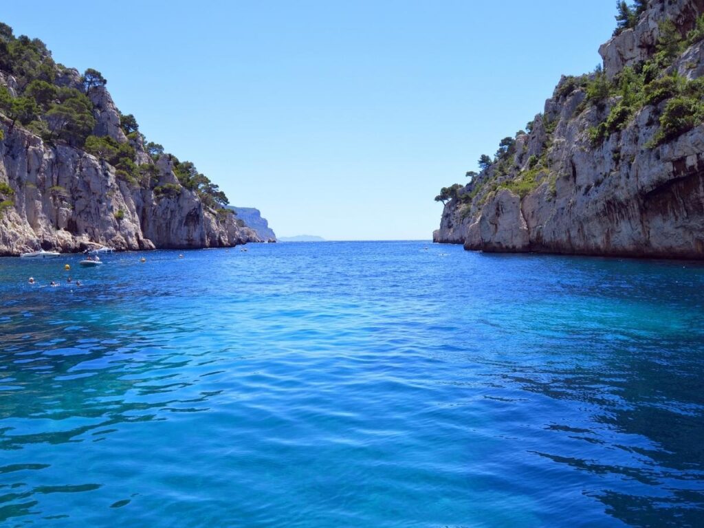 Limestone cliffs and turquoise water in Calanques National Park near Cassis