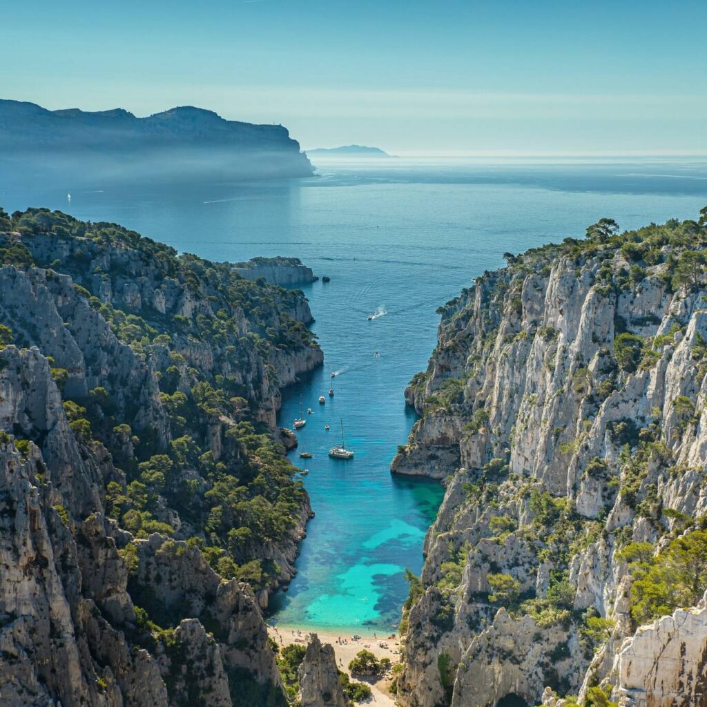 Limestone cliffs and clear water in Calanques National Park near Cassis