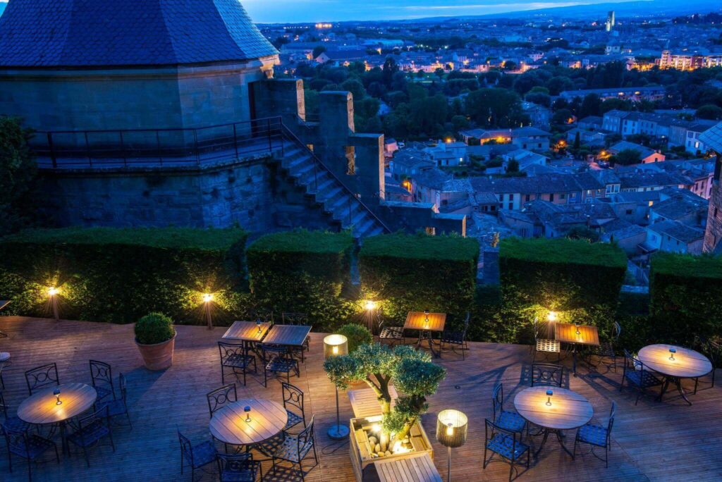 Restaurant inside Carcassonne medieval city with outdoor seating