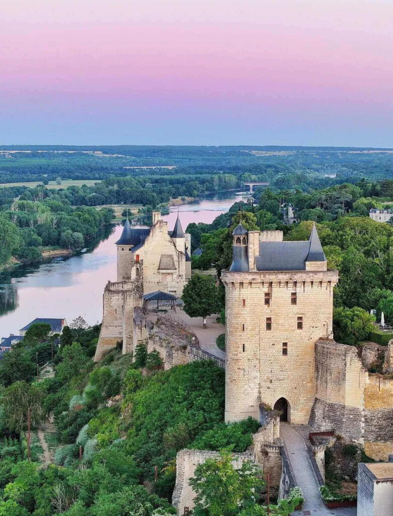 Panoramic view of Chinon showing fortress above the old town and Vienne River