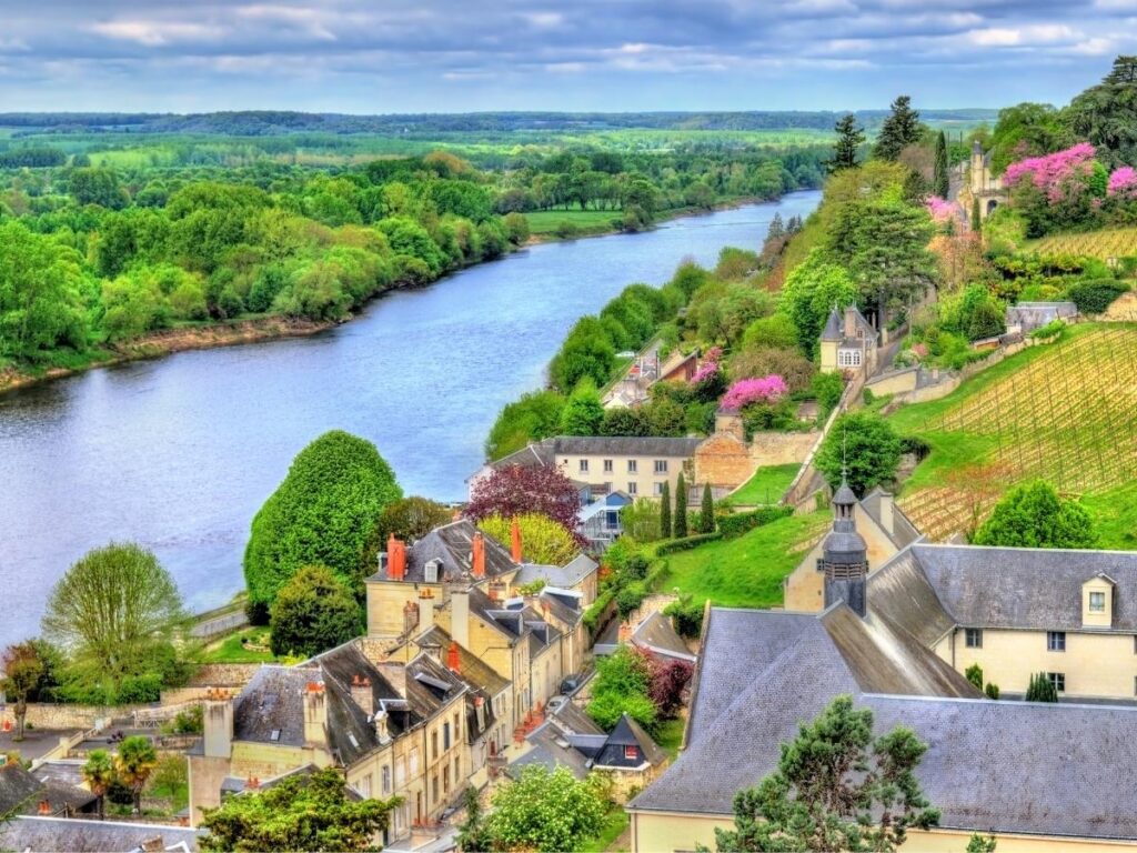 Evening atmosphere in Chinon old town during summer with outdoor cafés